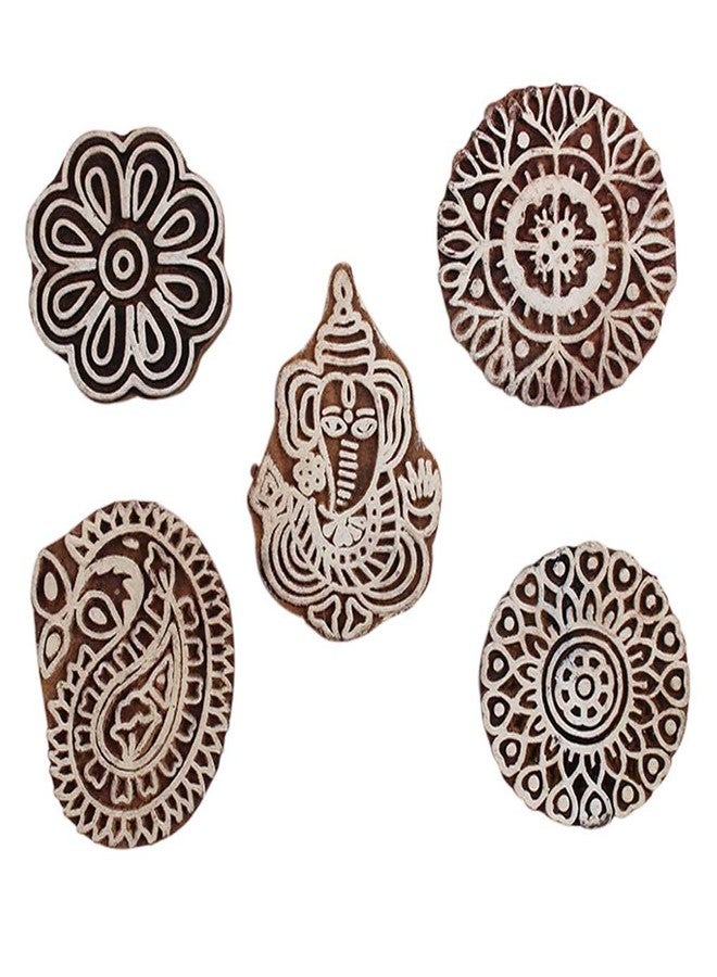 Indian-Shelf Handmade Vocalforlocal Set of 5 New Mix Wooden Printing Block (5.08 cm, Brown) - Image 1